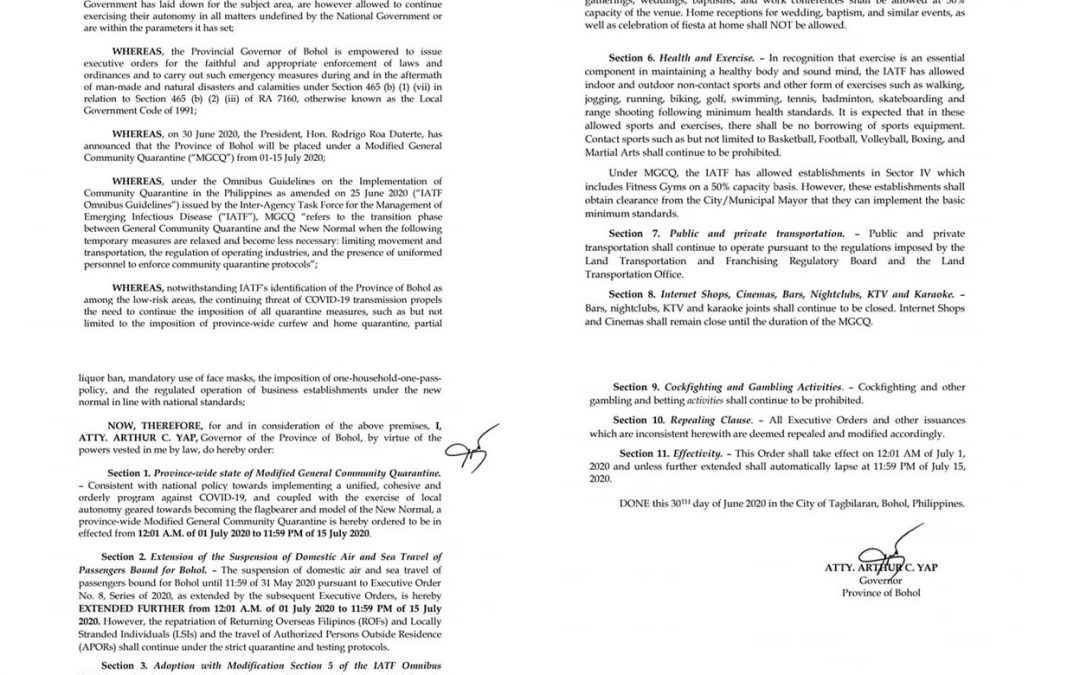 E. O. 33: Placing the Province of Bohol under Modified General Community Quarantine (MGCQ).