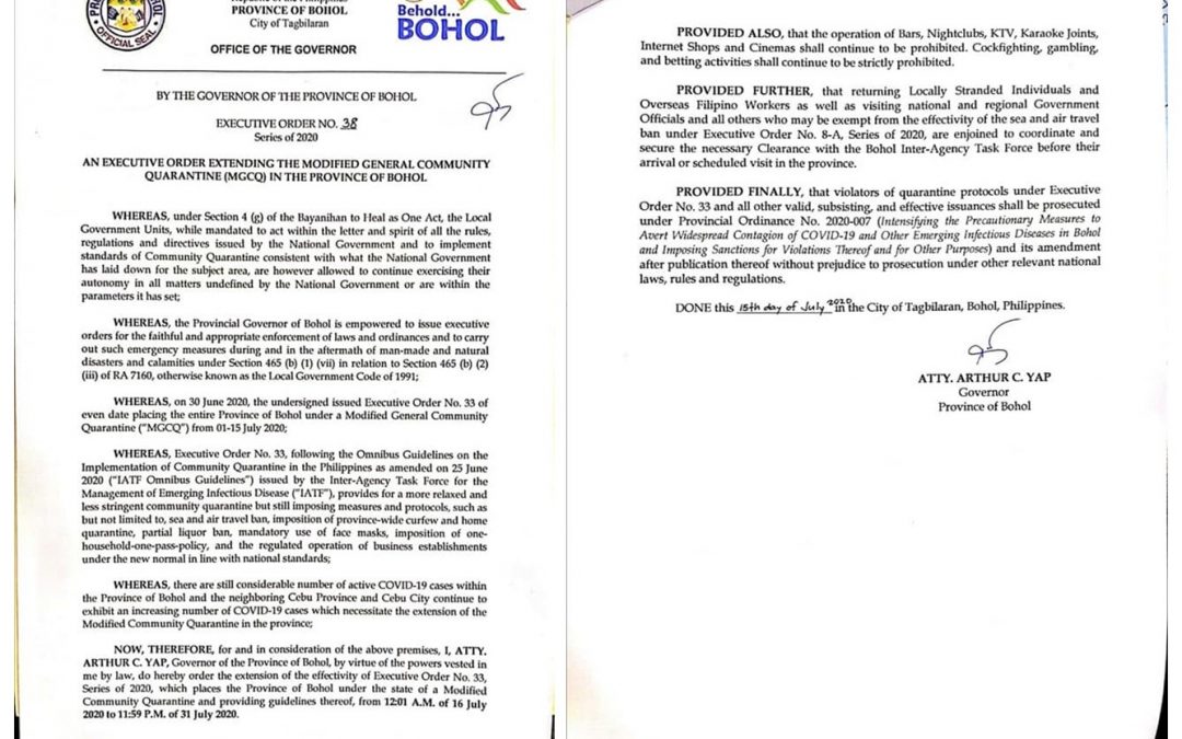 E.O. 38: An Executive Order Extending the Modified General Community Quarantine (MGCQ) in the Province of Bohol.